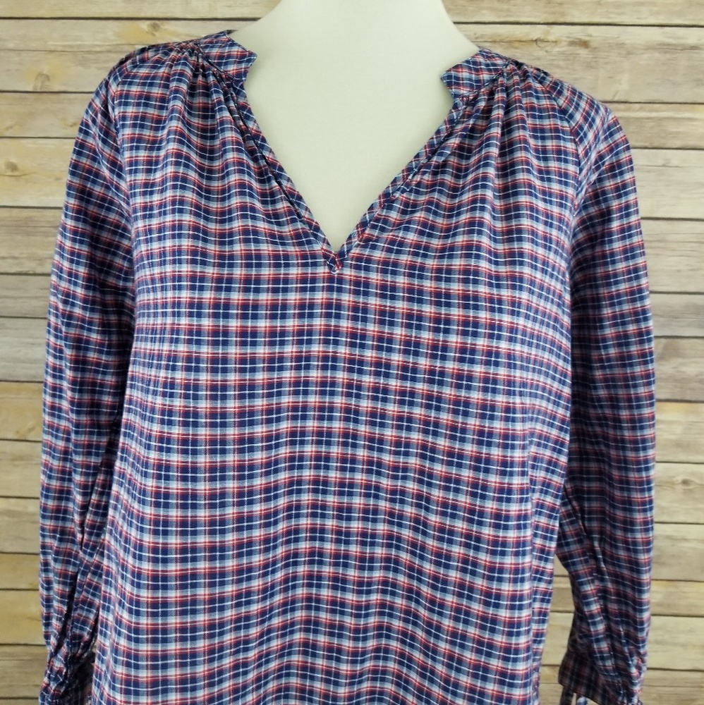 Madewell Plaid Crop V Neck 3/4 Sleeve Blouse - Picture 2 of 7
